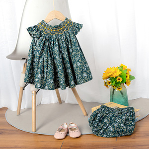 Ensemble de 3 robes fleuries pour bébé fille nouveau-née, imprimé floral vert vintage, robe à manches courtes à volants pour bébé - Product Image 3