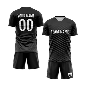 Ensemble maillot et short de football sublimé noir pour homme, col en V, séchage rapide, uniforme de sport pour équipe, vente en gros - Product Image 1