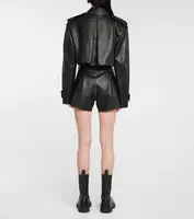 Kadın çentikli yaka abartılı omuz Zip Up Biker ceket özel Logo tasarım kırpılmış deri ceket