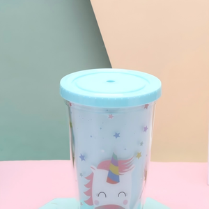 450ml Multicolor Unicorn Themed Plastic Straw Tumbler with <b>Decorative</b> Pom Pom Dome <b>Lid</b> with Straw Dome <b>Lid</b> for Kids Summer Cold - Product Image 3