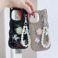 Coque de téléphone BAILI tendance avec oreilles de chat, paillettes et bord ondulé, bracelet pendentif pour iPhone/OPPO/VIVO/Redmi/Infinix