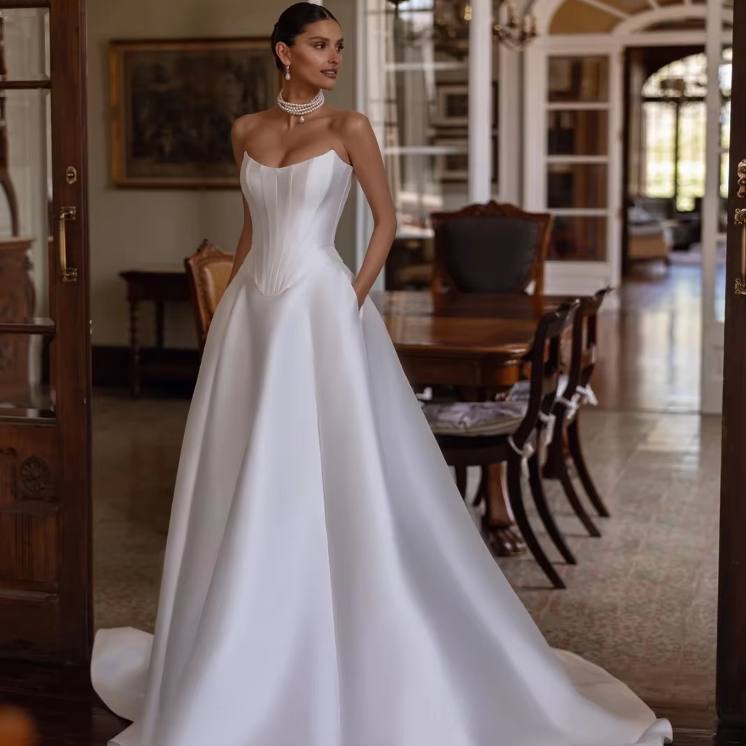 knee length dresses for ladies Strapless Satin High Split Wedding Dresses Lace Up Back With Long Slim   TANYA BRIDAL