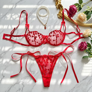 Red Heart Embroidery Lace Lingerie <b>Set</b> <b>Sexy</b> Sheer Mesh Intimates Underwire Bra and Tie Side Thong Panties <b>Set</b> 2 Piece OEM ODM - Product Image 5