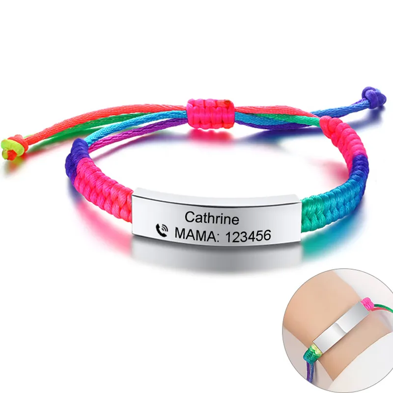 Pulseira personalizada, venda no atacado personalizada pulseira personalizada de gravura do texto pulseira em aço inoxidável arco-íris corda pulseira presente jóias