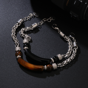 Trendy Fashionable Natural Stone Jewelry Retro Stainless Steel Chain Spliced Tiger's Eye Stone <b>Men's</b> Bracelet for Boyfriend Gift - Product Image 2