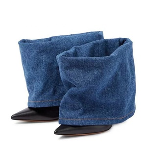 Custom Denim Folded Short Boots Thin High Heels Pointed Toe Mixed Color Overlay Ankle Booties Wide Top Women's Trend <b>Shoes</b> - Product Image 6