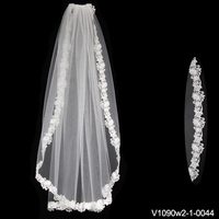 Voile de mariée court à une couche avec bordure perlée, élégant, V1090W2-1, livraison gratuite, vente en gros