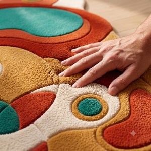 Tapis en laine tufté abstrait contemporain, style rétro bohème, fait main, design tufté à la main pour chambre, salon, appartement, hôtel - Product Image 2
