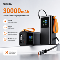 Batterie externe 30000mAh 100W à charge rapide, chargeur portable avec câble rétractable pour smartphone, ordinateur portable, montre connectée OEM ODM