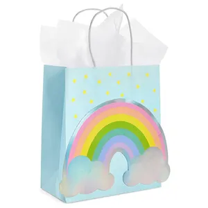 Özel gökkuşağı baskılı parti iyilik kağıt torba bebek duş doğum günü hediyesi çanta Logo ile