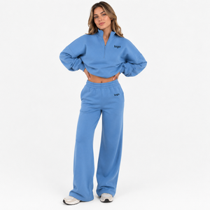 Ensemble 2 pièces en molleton de coton OEKO-TEX pour femme : sweat-shirt demi-zip et pantalon large – Fabrication OEM, logo personnalisé, faible MOQ, vente en gros - Product Image 1