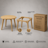 Table de cuisine ronde moderne avec pieds en bois massif, barre transversale renforcée et structure de support triangulaire, style minimaliste