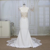Robe de mariée sirène moderne avec dentelle à fleurs détachables, bretelles spaghetti à long train et conception de dos sexy, longueur au sol
