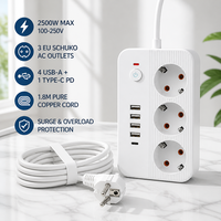Prise d'extension sur mesure avec fiche UE, 3 prises, 4 ports USB-A + 1 port USB-C, adaptateur 220V/110V, câble de 2m, 10A, en cuivre/laiton, durable, PP/ABS