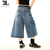 Celana Pendek Denim Jorts Wanita LARSUR Custom Factory, Model Distressed Washed, Pinggang Tinggi, Model Crop, untuk Musim Panas