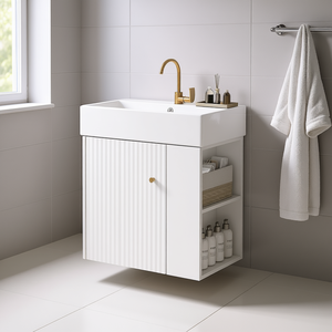 Mueble de Baño Flotante Moderno con Lavabo de Cerámica, Almacenamiento Lateral Derecho para Baños Pequeños, 23 Pulgadas de Ancho, Gabinete de MDF Montado en la Pared - Product Image 2