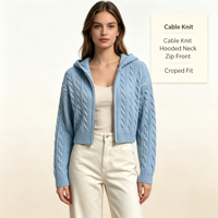 Kajsa – Nouveaux cardigans en tricot personnalisés OEM & ODM pour femmes, de haute qualité, bleus, à fermeture éclair, à capuche, hauts en maille à manches longues, vente en gros