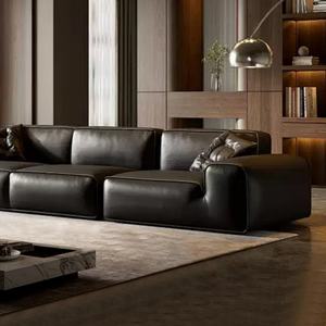 Vente directe d'usine, canapé italien minimaliste en cuir véritable, grand canapé noir en cuir de vache - Product Image 3