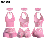 Ensemble 2 pièces imprimé léopard rose pour femme : Crop top dos nu et short plissé Y2K, bandeau d'été, logo personnalisé 2026