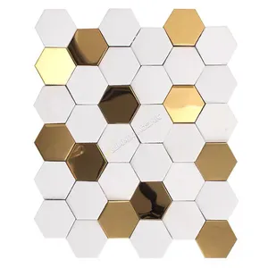 Wholesale High Quality White And Gold Hexagonal Honeycomb Floor Decoration Marble Tile