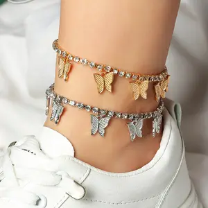 Boho 반짝 이는 해변 비 Tarnish Anklets 라인 석 나비 Anklets 18k 골드 도금 여성