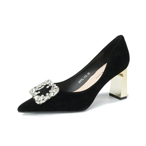 Zapatos de Tacón Alto de Ante Negro con Punta Puntiaguda, Tacón Cuadrado, Hebilla de Cristal, Zapatos Formales de Tacón Alto de 5 cm y 8 cm para Mujer, Zapatos de Vestir para Boda y Fiesta - Product Image 5