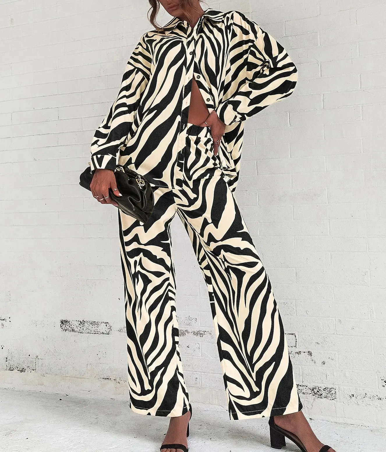 Y2K Zebra Ladies Fashion Lounge Women Office Wear Drop Shoulder Striped Silk Long Blouse Pants Set