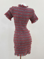 Robe Courte Mini en Tricot Slim Fit pour Femme, Style Français 2026, avec Boutons Strass, Col en V, Manches Courtes et Pompons en Tweed
