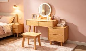 Coiffeuse scandinave en bois de hêtre massif avec miroir éclairé et tiroirs de rangement pour chambre à coucher - Product Image 2