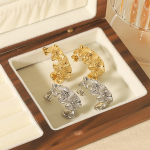 <b>Cuff</b> <b>Earrings</b> 18K Gold Stainless Steel Pleated Texture Irregular C Shape Fashion Jewelry for Women - Product Image 1