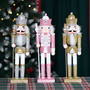 Wholesale Fashion Glitter 30cm Wooden Christmas Craft Pink Nutcracker For Home Decorations