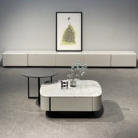 Meuble TV moderne pour salon, série marbre blanc, table basse carrée modulaire en bois, table d'appoint noire avec tiroir, table ronde