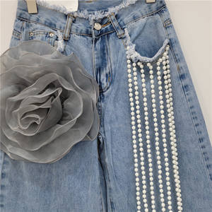 Fabricant de denim, jeans pour femmes sur mesure, élégants, taille haute, coupe slim, jambe large avec décoration florale, <span class=keywords><strong>pantalon</strong></span> en denim - Product Image 5