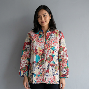 Chaqueta Acolchada con Estampado Floral para Mujer, Cuello Mao, Manga Larga, Cierre de Botones, Estilo Primavera, Largo Regular, Forro de Algodón, Regalo para Ella - Product Image 1