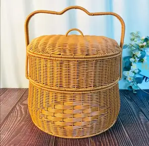 Handmade Rattan Oval Polywicker Portable Picnic Basket Outdoor With Lid Handle 2 Layers Storage Basket Large Hamper Durable