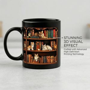 Set di Tazze in Ceramica a Forma di Gatto con Libreria Tridimensionale Retrò, Tazza da Caffè Resistente alle Alte Temperature con Trasferimento Termico, Regalo per Amanti dei Libri - Product Image 3