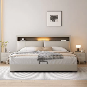 Juego de cama doble de cuero genuino tamaño King de estilo moderno y elegante, muebles de dormitorio tapizados de gama alta, cómodos de acero - Product Image 1