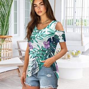 Neueste Trendy Hawaiian Beauty Damen V-Ausschnitt Kalte Schulter Tops Kurzarm T-Shirts Lose Basic Sexy Casual Blusen für den Sommer - Product Image 3