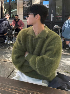 Customized Soft Fluffy Lazy Loose Lapel Pullover Design Men's Casual <strong>Knit</strong> <strong>Sweater</strong> for Street Wear - Product Image 3