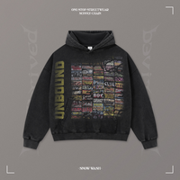 Sweat à capuche pour homme 370g en pur coton, coupe ample à épaules tombantes, doublé en fourrure, imprimé Snow Wash, style streetwear