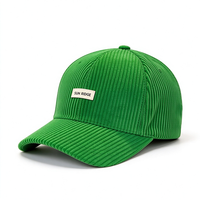 Casquette de baseball unisexe en velours côtelé à 6 panneaux, style vintage structuré, visière incurvée, patch avec étiquette tissée, vert uni, boucle métallique réglable, décontractée