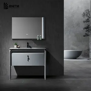 BNITM高品质36英寸仿古发光二极管触摸浴室梳妆台水槽钢镜柜洗手盆批发水槽