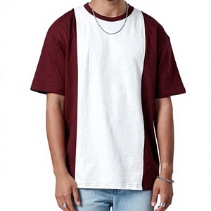 Men's Color Blocked Short Sleeve <b>T</b>-<b>Shirt</b> <b>White</b> Maroon Contrast Trim O-Neck Casual Oversized Fit - Product Image 1