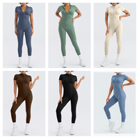 Combinaison de yoga à manches courtes avec fermeture éclair, logo personnalisé, pour femmes, en polyamide recyclé, écologique, sans couture, pour la salle de sport et l'entraînement