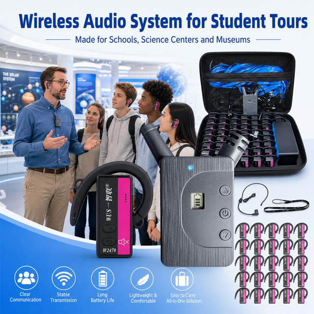 W2478 Wireless Audio Guide System with Earhook Receiver 46H Battery Type-C Charging for Student Tours Science Center Museum