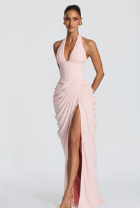 Light Blue Halter Deep V Neck Ruched Evening Gown High <strong>Slit</strong> Maxi Party <strong>Dress</strong> <strong>for</strong> <strong>Women</strong> with Custom Service - Product Image 3