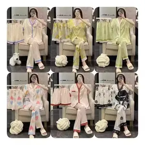 Pijamas femininos de seda gelada, cardigã de manga curta, pijama de luxo com botões, roupa de casa de desenho animado, inventário de 3 peças