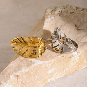 Leaf Shaped <b>Open</b> <b>Ring</b> Titanium Steel 18k Gold Plated Polished Unisex Fashion Jewelry Gift - Product Image 3