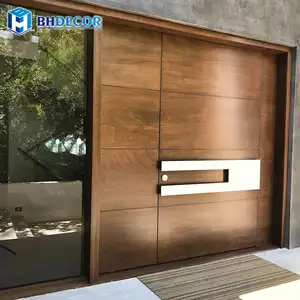 Pemasok kontemporer Modern Slat Walnut kayu padat kayu masuk utama eksterior Pivot pintu depan dengan kaca untuk rumah