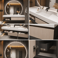 Meuble-lavabo mural de luxe moderne cannelé avec vasque et miroir LED rond pour projets hôteliers et d'appartements